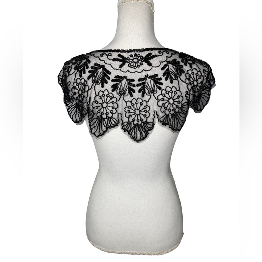 Vintage Black Beaded Mesh Floral Design Bolero Collar Shaw Belt Multi-way Piece - Picture 4 of 16